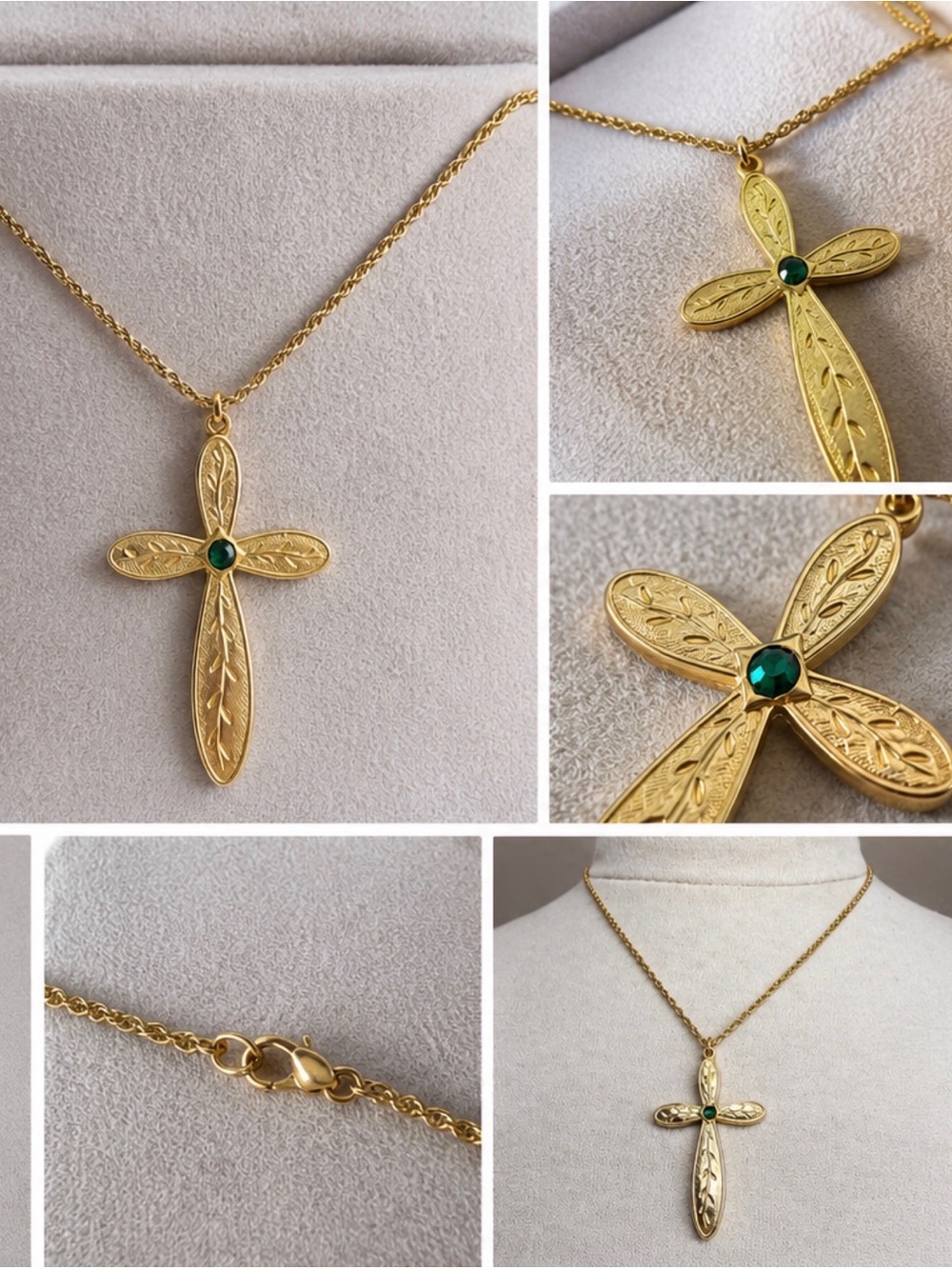 Gold Cross Pendant Necklace with Emerald Green Stone vintage